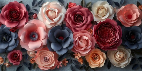 Rosen in weichen Farben, Rosen aus Papier, Muster aus farbenfrohen Rosen - obrazy, fototapety, plakaty