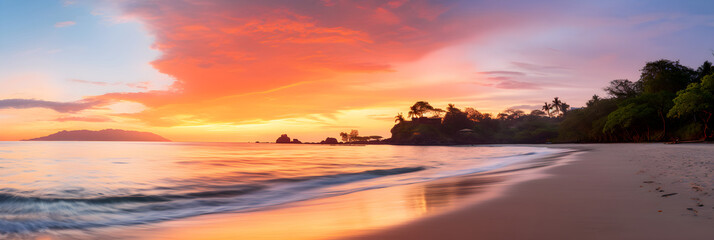 Bountiful Tranquility: A Mystifying Sundown View of a Serene Beach on a Tropical Island