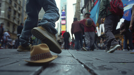 Fototapeta premium A duo of breakdancers showing off their impressive moves on a busy sidewalk with a hat on the ground for onlookers to toss in tips.