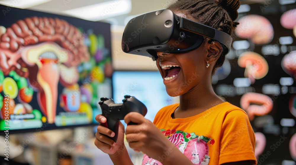 Aufkleber a child holding a virtual reality controller grinning as they race through a simulation of the human