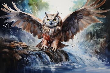 Beautiful owl in the river water splatter with Generative AI