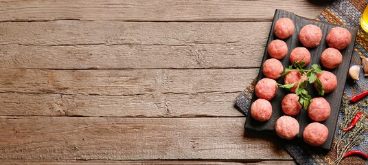 Board with raw meatballs made of fresh forcemeat on wooden background with space for text