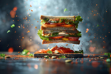 Club Sandwich, Fresh club sandwich in the air. Professional food photography. Elevated sandwich.