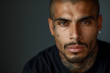 Hispanischer Gangster mit Piercings und Tatoos im Gesicht, Konzept Gangs in Amerika - obrazy, fototapety, plakaty