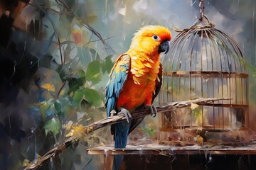 Beautiful Parrot bird oil painting wall art with Generative AI