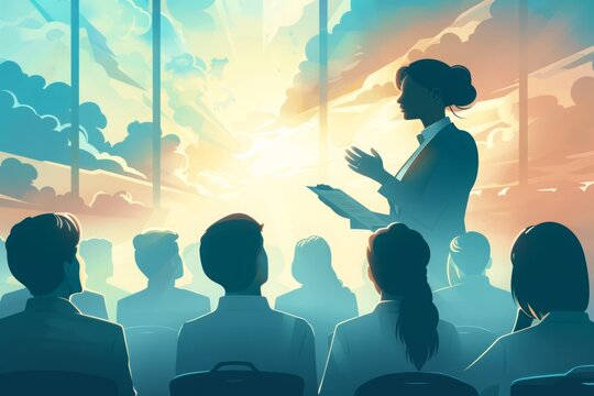 Dynamic leadership training session led by a skilled businesswoman in a corporate setting.

