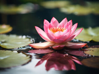 GENERATIVE AI A beautiful pink waterlily or lotus flower in pond