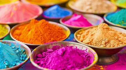 Vibrant holi powder colors in bowls ready for festival