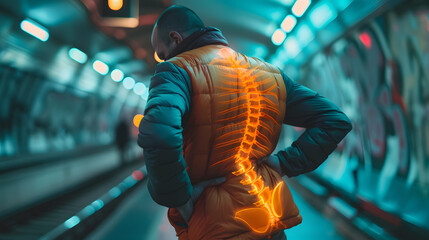 Fototapeta na wymiar Photograph of a person experiencing back pain during a journey. Emphasize the strain on their face and body as they try to manage the discomfort.