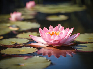 GENERATIVE AI A beautiful pink waterlily or lotus flower in pond