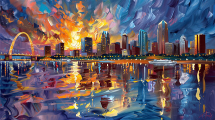 Horizontal oil painting of the St. Louis skyline. Generative AI