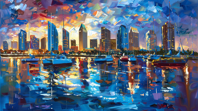 Horizontal oil painting of the San Diego skyline. Generative AI