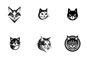 set of cat head black and white vector illustration isolated transparent background, logo, cut out or cutout t-shirt print design, poster, products or packaging design.c