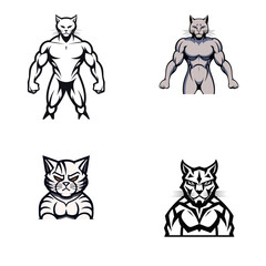set of cat bodybuilders full body black and white vector illustration isolated transparent background, logo, cut out or cutout t-shirt print design, poster, products or packaging design.