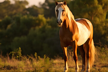 The Majestic Solitude of a Brown Horse Basking in the Golden Afternoon Sunlight Surrounded by Nature’s Serenity