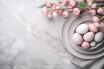 Obraz na płótnie Canvas White Plate With Eggs Beside Pink Flowers