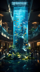Massive fish tank in mall, massive aquarium in a big mall, fish in a fishtank