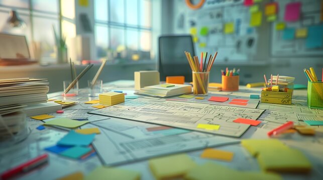 Konzept Projektmanagement, Tisch mit vielen bunten Arbeitsmaterialien in einem modernen B&uuml;ro