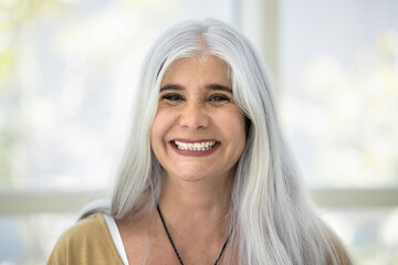 Happy naturally grey haired senior Latin woman head shot portrait. Cheerful elderly retired lady...