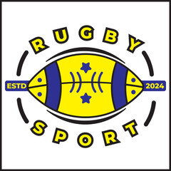 rugby sport illustration vector design with a rugby ball in blue and yellow colors in a simple style. suitable for logos, icons, posters, advertisements, banners, companies, t-shirt designs, stickers,