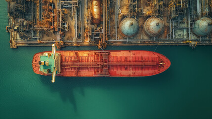 An aerial view of a large red cargo ship docked next to an industrial oil and gas tank storage complex