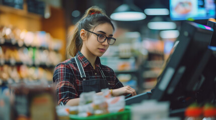 A young cashier in a grocery or convenience store standing at a cash register. - obrazy, fototapety, plakaty