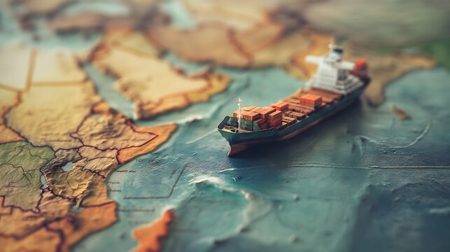 Containerschiff auf einer abstrakten Landkarte, Konzept Handel und Globalisierung