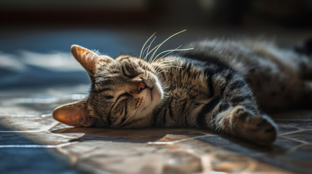 An image of a sleeping house cat on stone flooring.