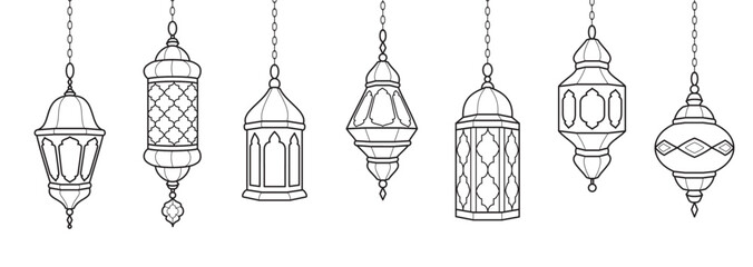 Fototapeta na wymiar Ramadan lanterns decoration. Islamic celebration border. Hanging traditional eastern lamps isolated on white. Muslim holidays garland. Vector