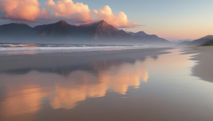 Fototapeta na wymiar Reflection of clouds in coastal sand on the ocean shore with mountains on the horizon at sunrise