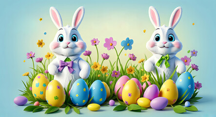 Obraz na płótnie Canvas Easter spring postcard with bunnies and eggs