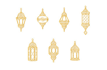 Ramadan golden lanterns symbols. Islamic celebration line icons. Traditional eastern lamps isolated on white. Muslim holidays decoration. Vector.