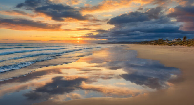 Reflection of clouds in coastal sand on the ocean shore at sunset