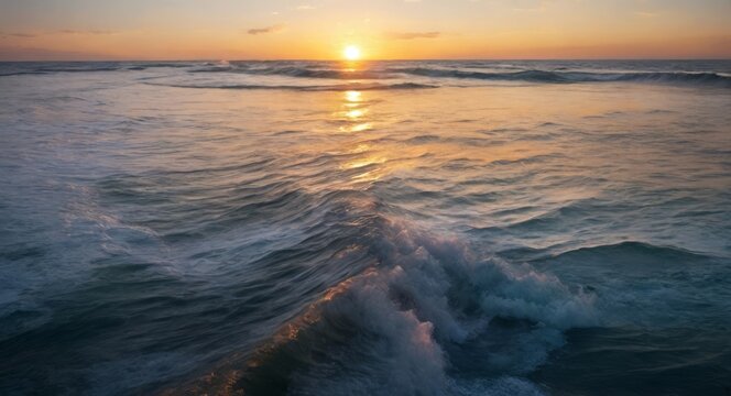 Splashing waves over the ocean at sunset
