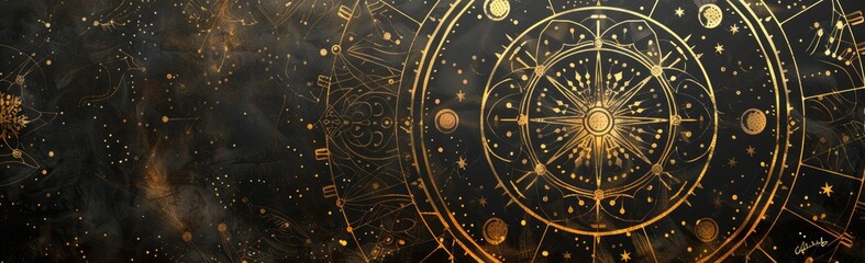 Naklejka premium A celestial-themed mandala with intricate geometric patterns and gold metallic highlights