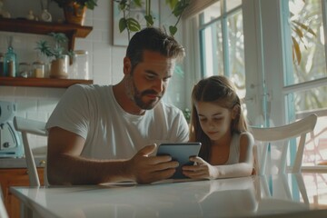 A father attentively guiding his daughter through a learning app on a tablet, showcasing a moment of modern family bonding..