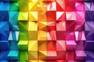 Obraz premium A colorful geometric pattern of triangles, creating a playful and dynamic rainbow background suitable for graphic design and modern art applications