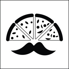 vector design illustration of pizza silhouette and mustache in black and white. suitable for logos, icons, posters, advertisements, banners, companies, t-shirt designs, stickers, websites.