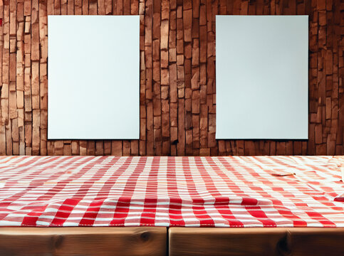 Close-up on an empty rustic table with red and white checkered lining. White poster. Market stall rustic - party country - Festa Junina (brazil) Image IA.