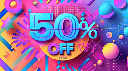 A forward-looking 50% Off sale image with futuristic design elements and dynamic shapes in a vivid color palette