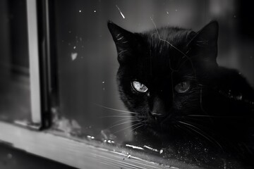 Katze schaut depremiert aus einem Fenster, schwarz-weiß, Konzept Ich hasse Montag - obrazy, fototapety, plakaty