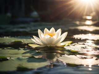 GENERATIVE AI A beautiful pink waterlily or lotus flower in pond