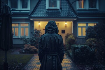 Person Standing in Front of House at Night