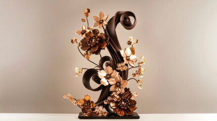 An intricately designed chocolate showpiece featuring a stunning cascading display of handcrafted chocolate flowers ribbons and swirls all dusted with edible gold flakes.