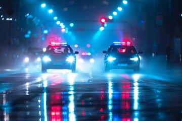 Two Police Cars Driving Down Street at Night - obrazy, fototapety, plakaty