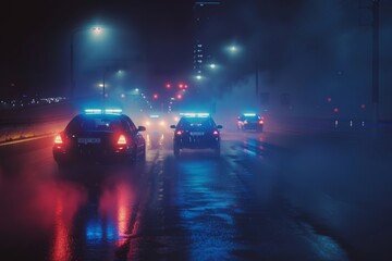Group of Cars Driving Down Street at Night
