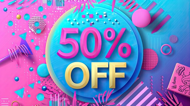 Artistic 50% Off sale image in a pink and blue color scheme featuring graphic elements and an abstract layout