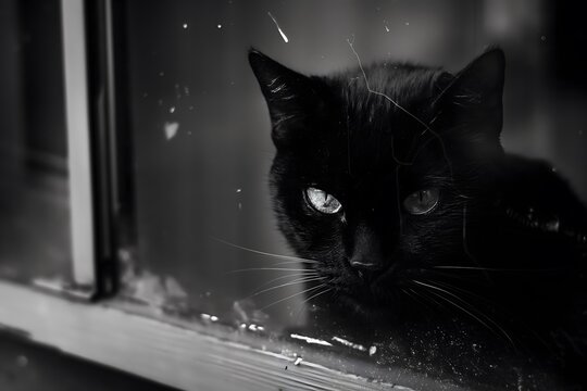 Katze schaut depremiert aus einem Fenster, schwarz-weiß, Konzept Ich hasse Montag