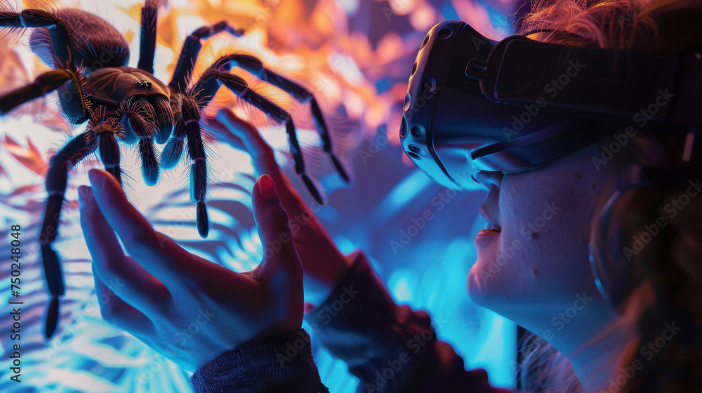 Poster an individual reaching out to touch a virtual tarantula in a vr simulation working through their fea