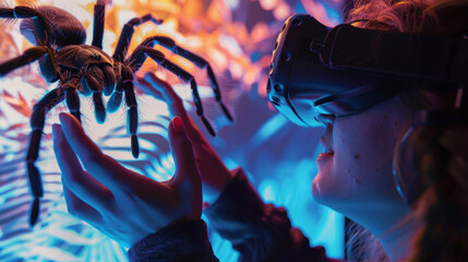 An individual reaching out to touch a virtual tarantula in a VR simulation working through their fear of spiders. - obrazy, fototapety, plakaty
